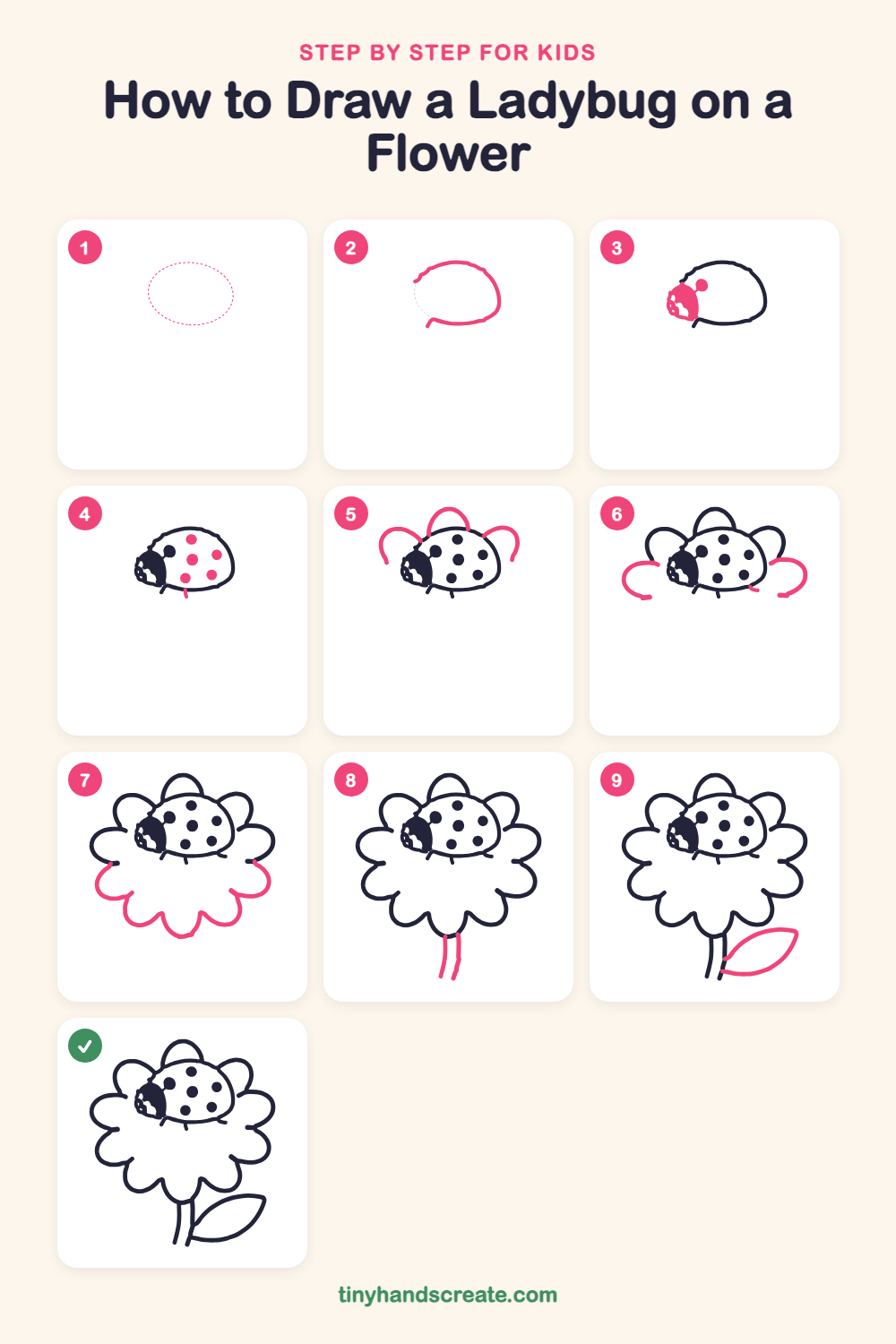 How to draw a ladybug on a flower step by step for kids