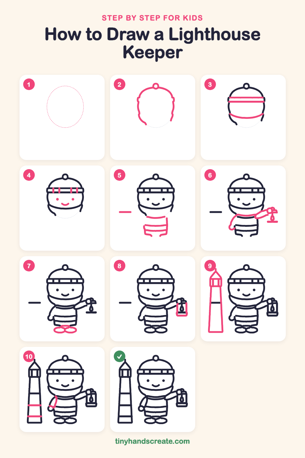How to draw a lighthouse keeper step by step for kids