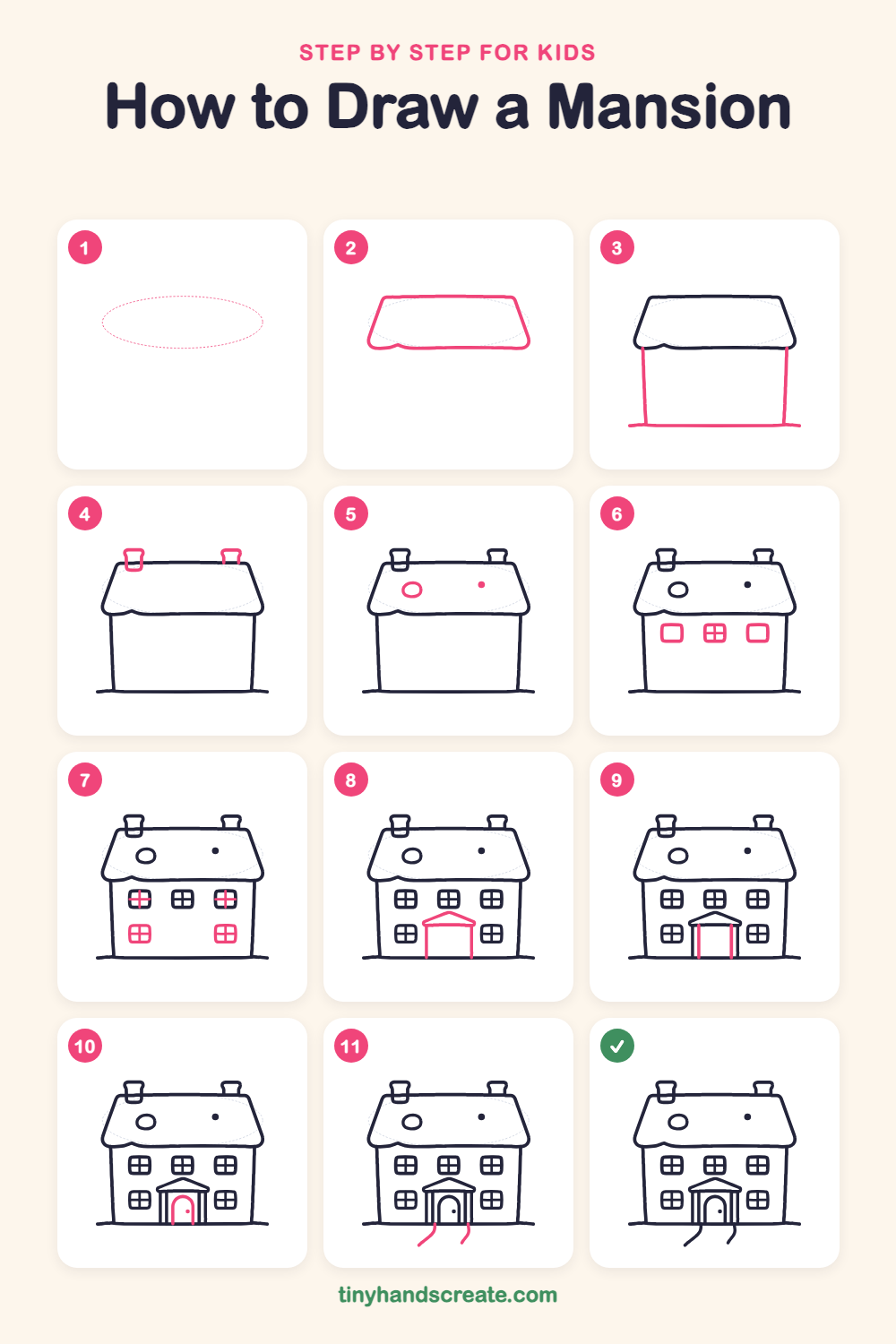 How to draw a mansion step by step for kids