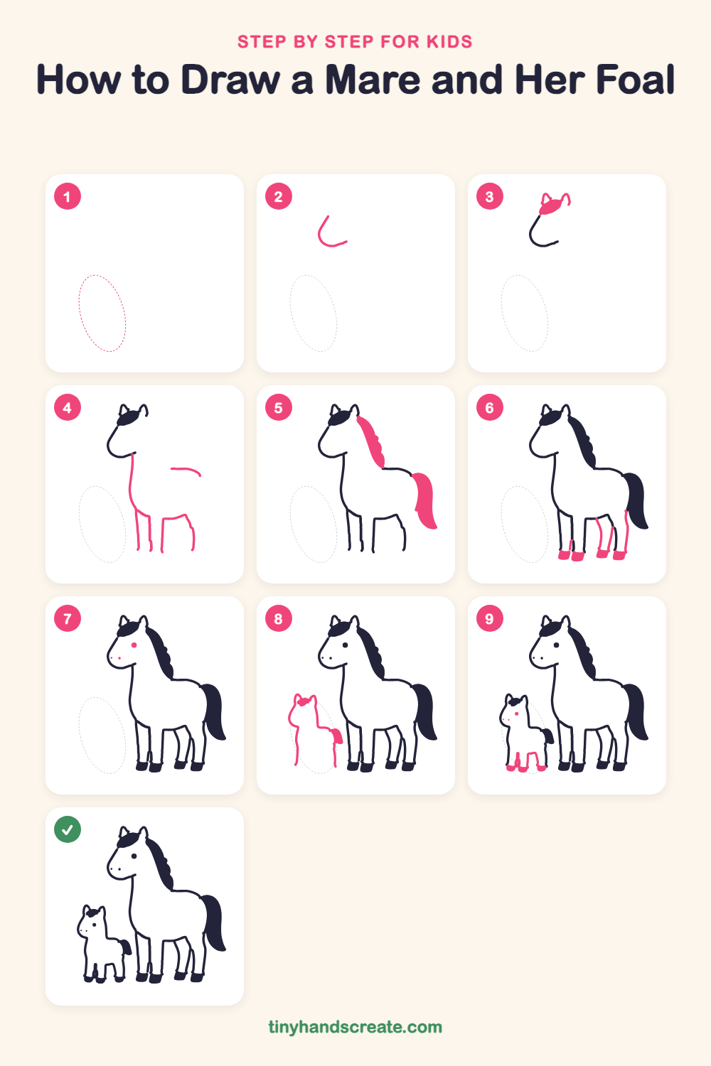 How to draw a mare and her foal step by step for kids