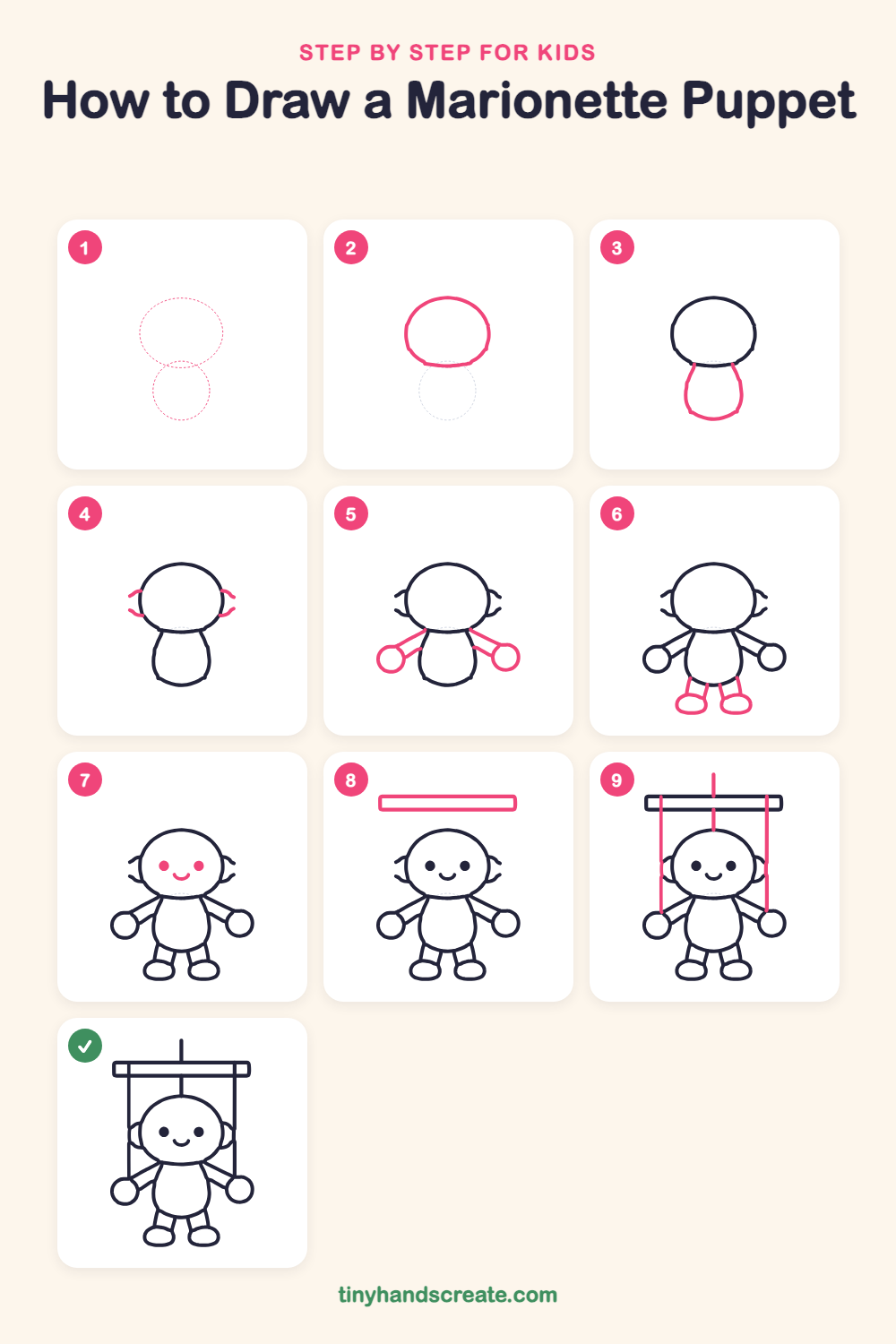 How to draw a marionette puppet step by step for kids