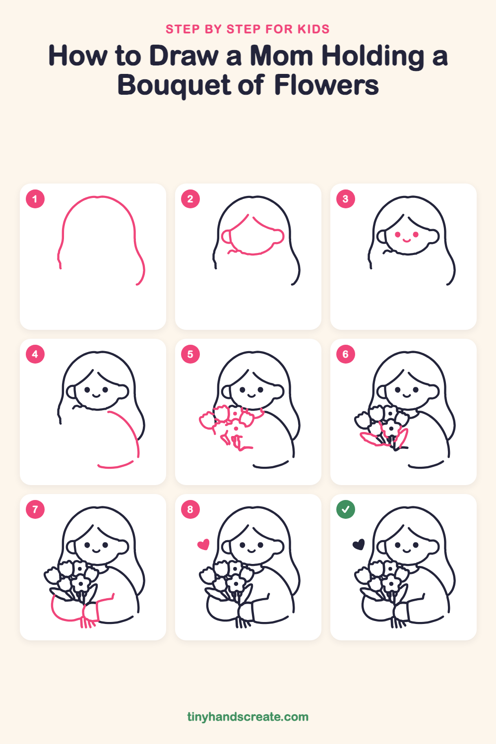 How to draw a mom holding a bouquet of flowers step by step for kids