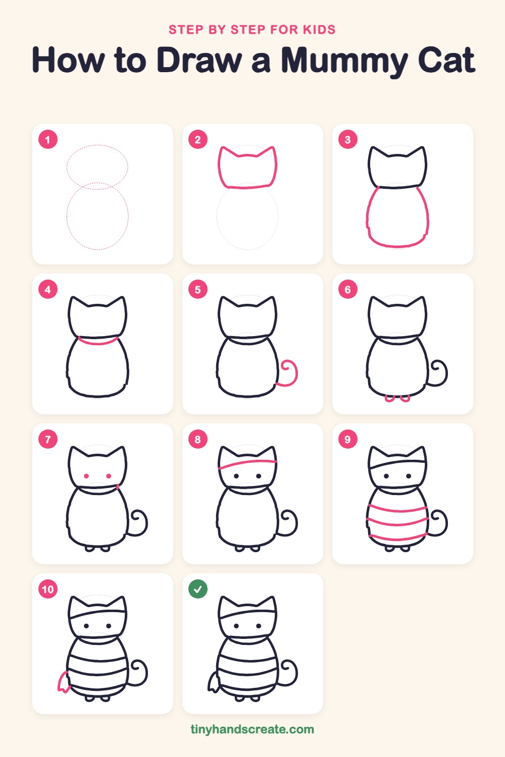 How to draw a mummy cat step by step for kids