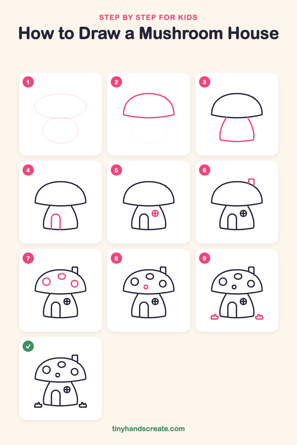 How to draw a mushroom house step by step for kids