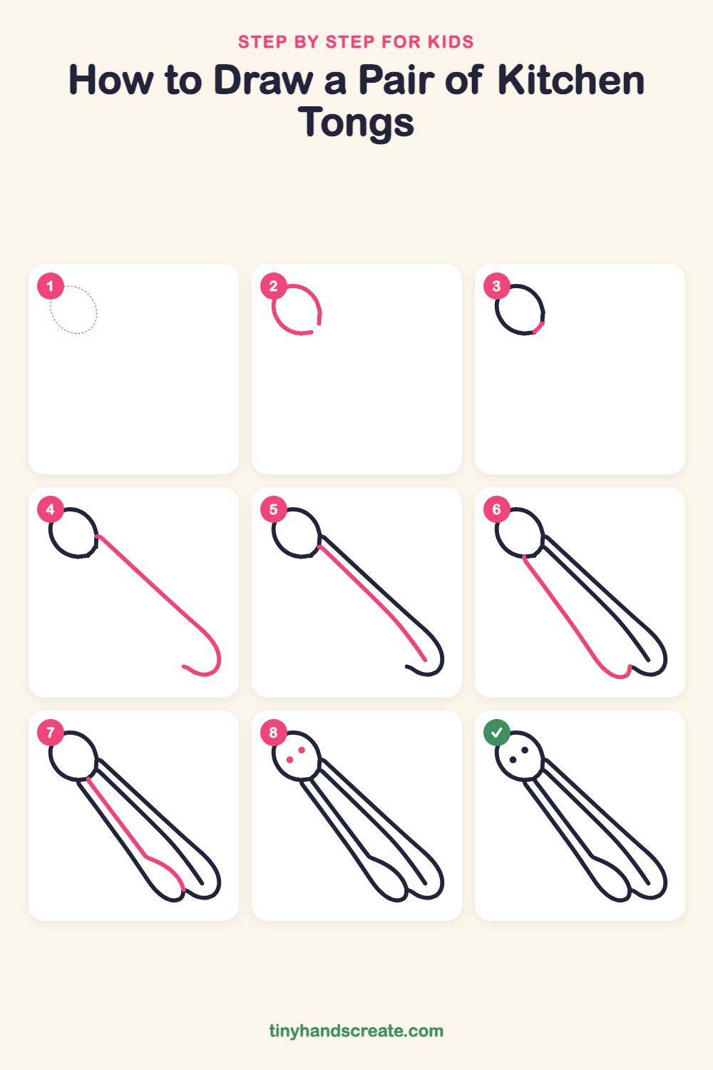 How to draw a pair of kitchen tongs step by step for kids