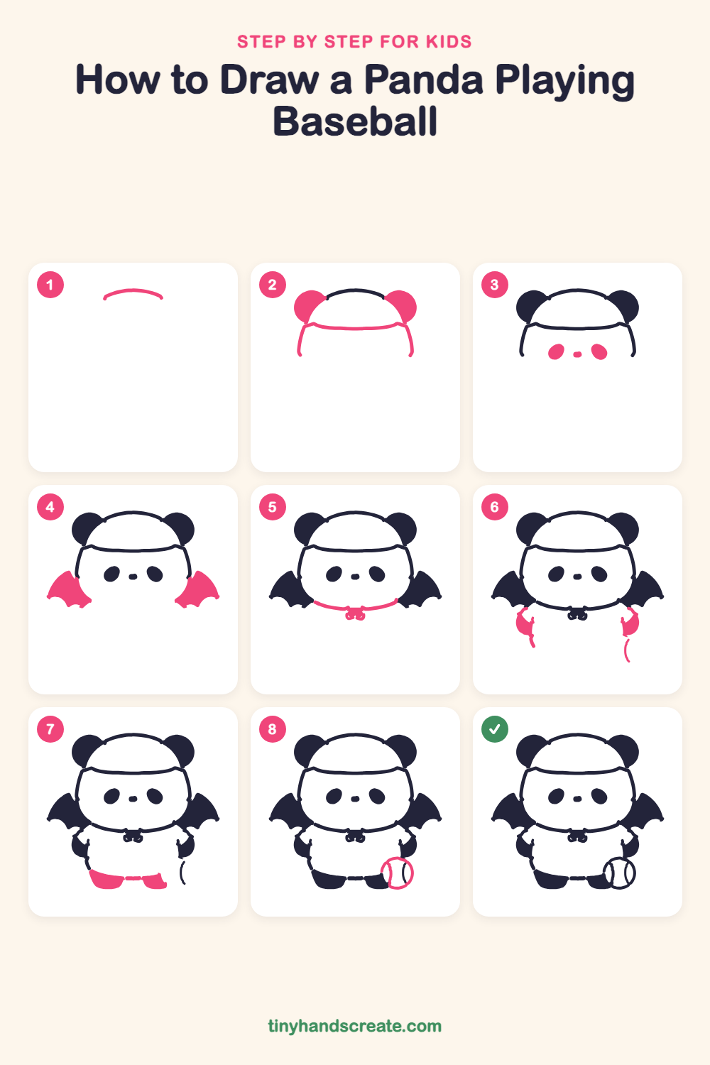 How to draw a panda playing baseball step by step for kids