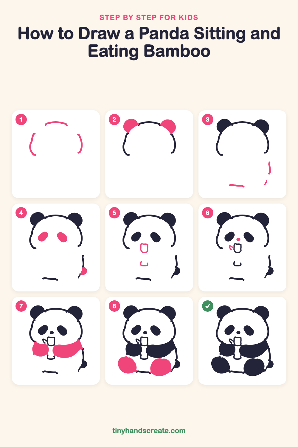 How to draw a panda sitting and eating bamboo step by step for kids