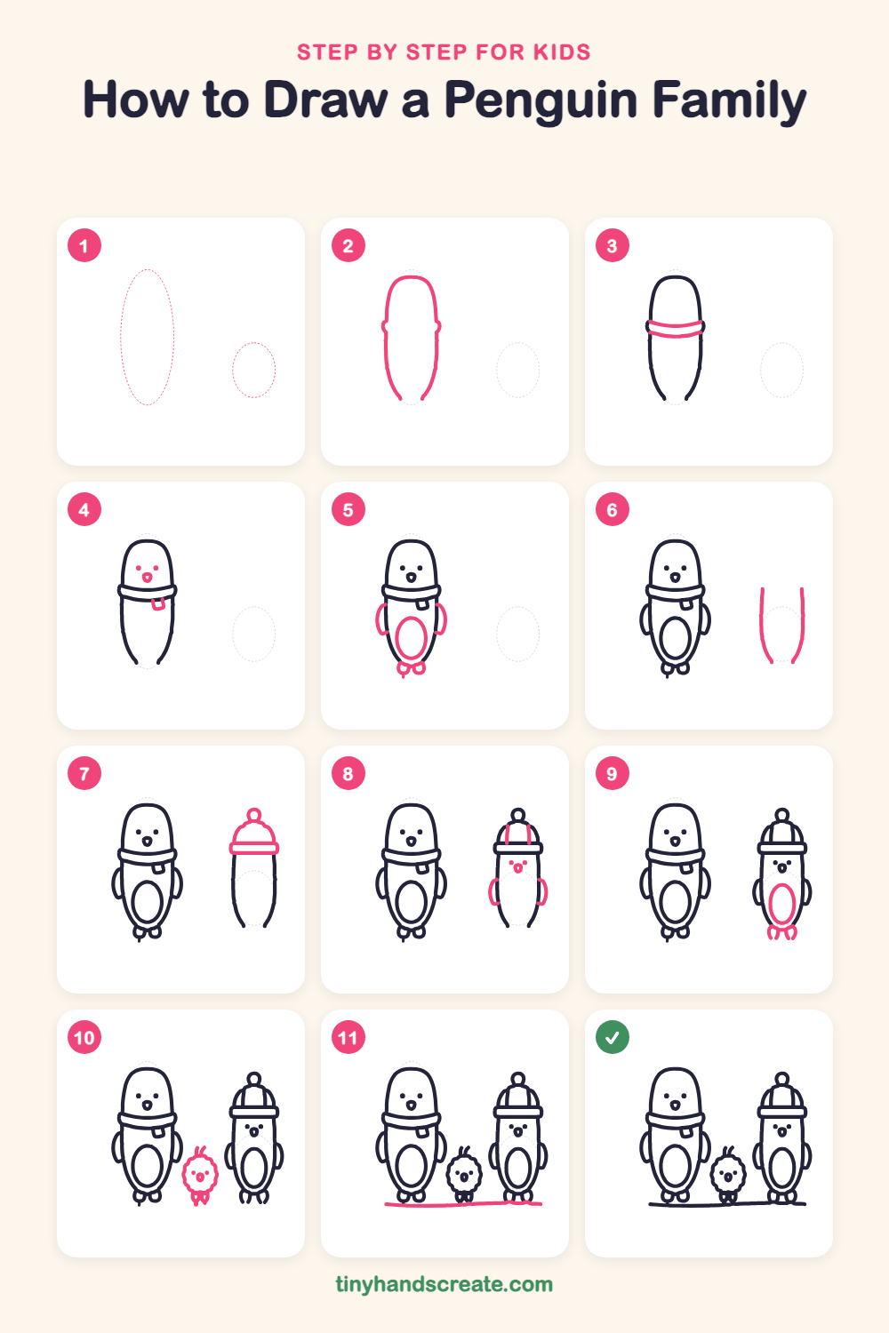 How to draw a penguin family step by step for kids