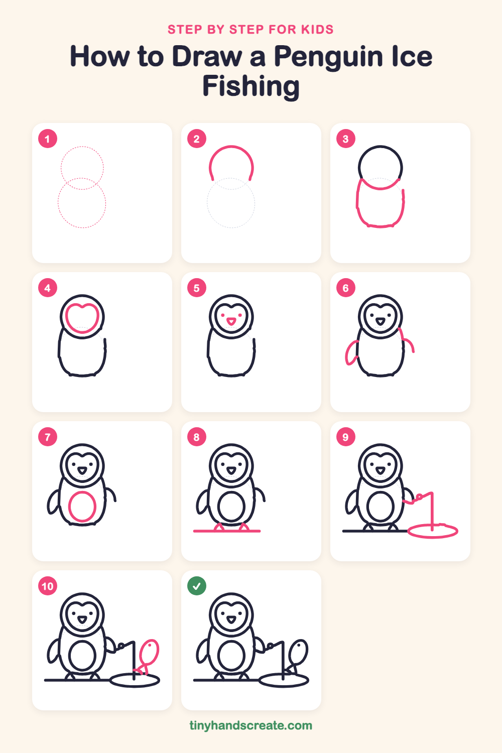 How to draw a penguin ice fishing step by step for kids