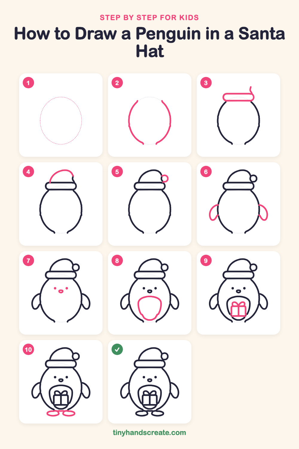 How to draw a penguin in a Santa hat step by step for kids