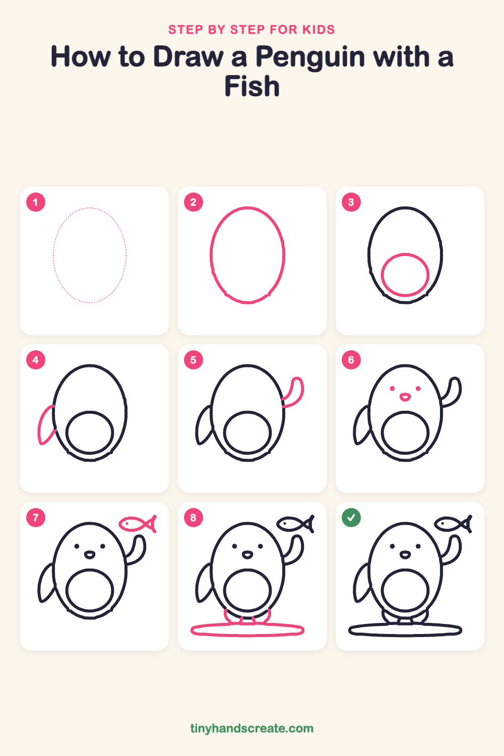 How to draw a penguin with a fish step by step for kids