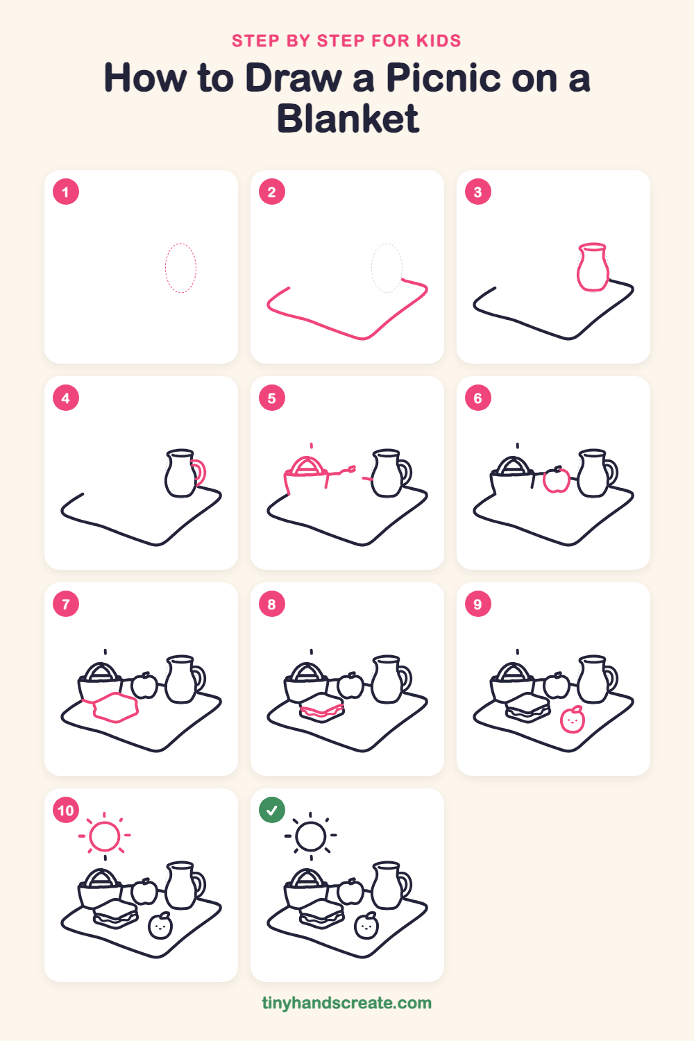How to draw a picnic on a blanket step by step for kids