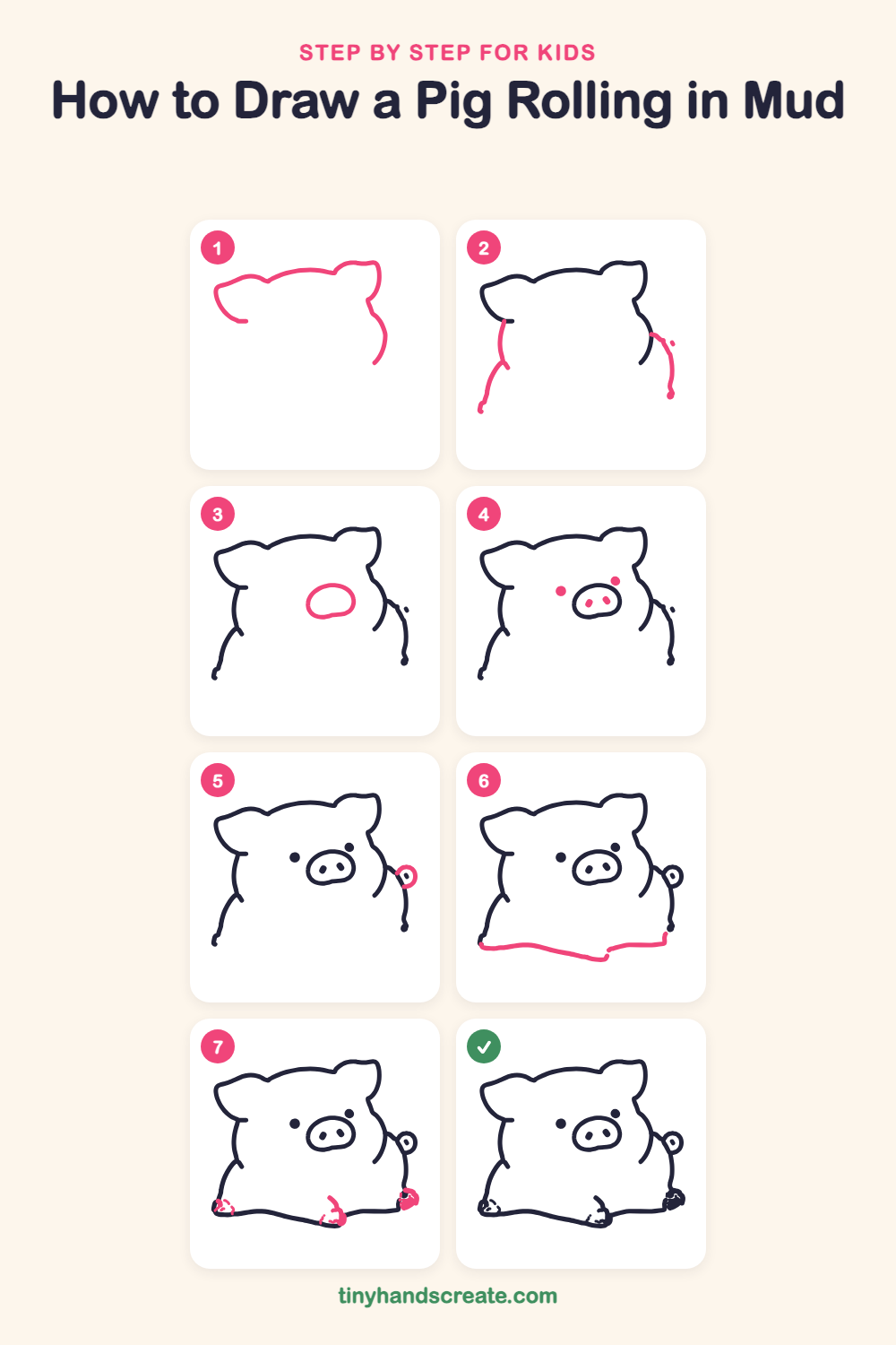 How to draw a pig rolling in mud step by step for kids