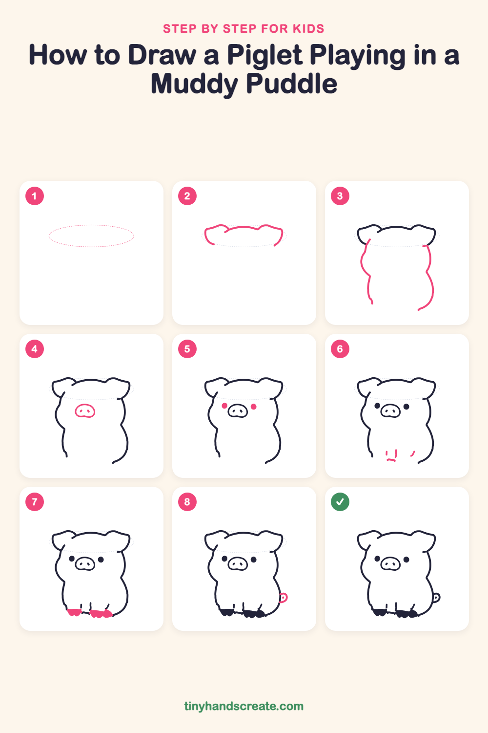 How to draw a piglet playing in a muddy puddle step by step for kids