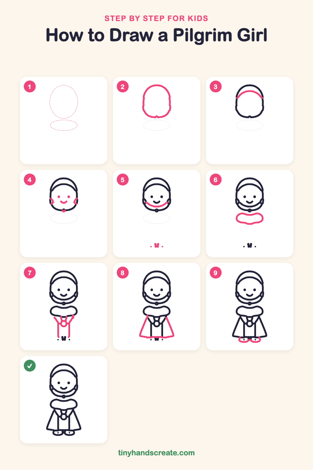 How to draw a pilgrim girl step by step for kids