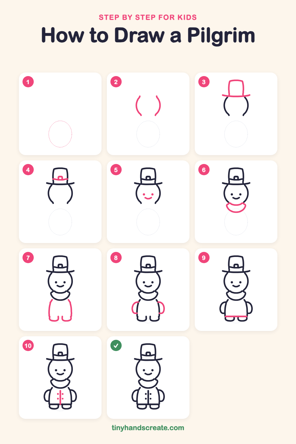 How to draw a pilgrim step by step for kids