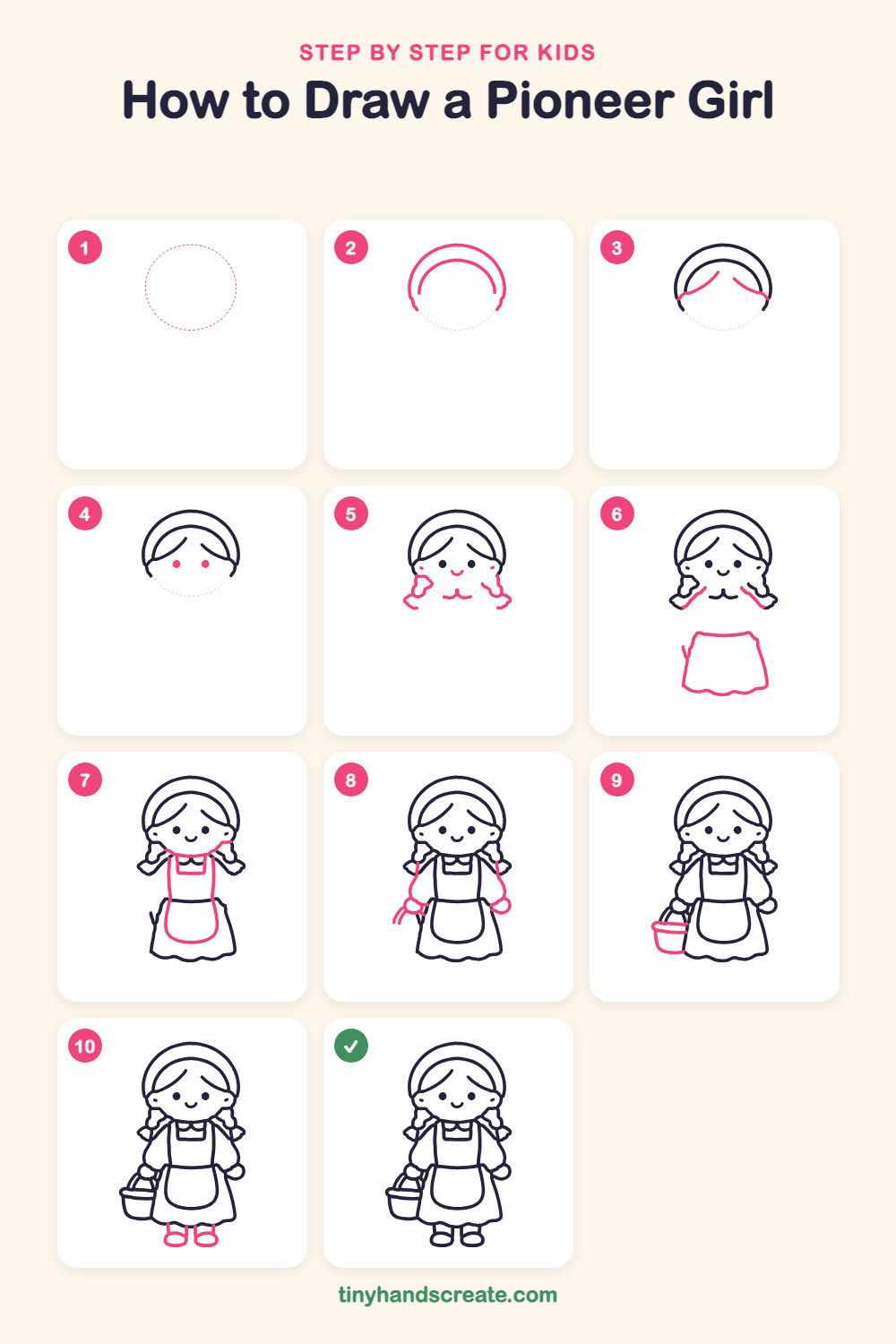 How to draw a pioneer girl step by step for kids