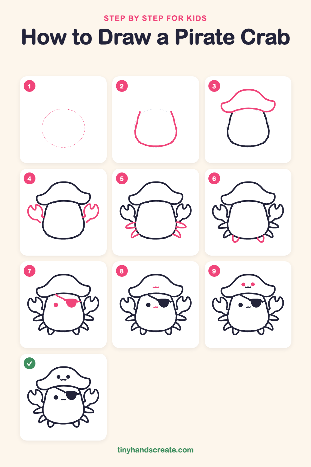 How to draw a pirate crab step by step for kids