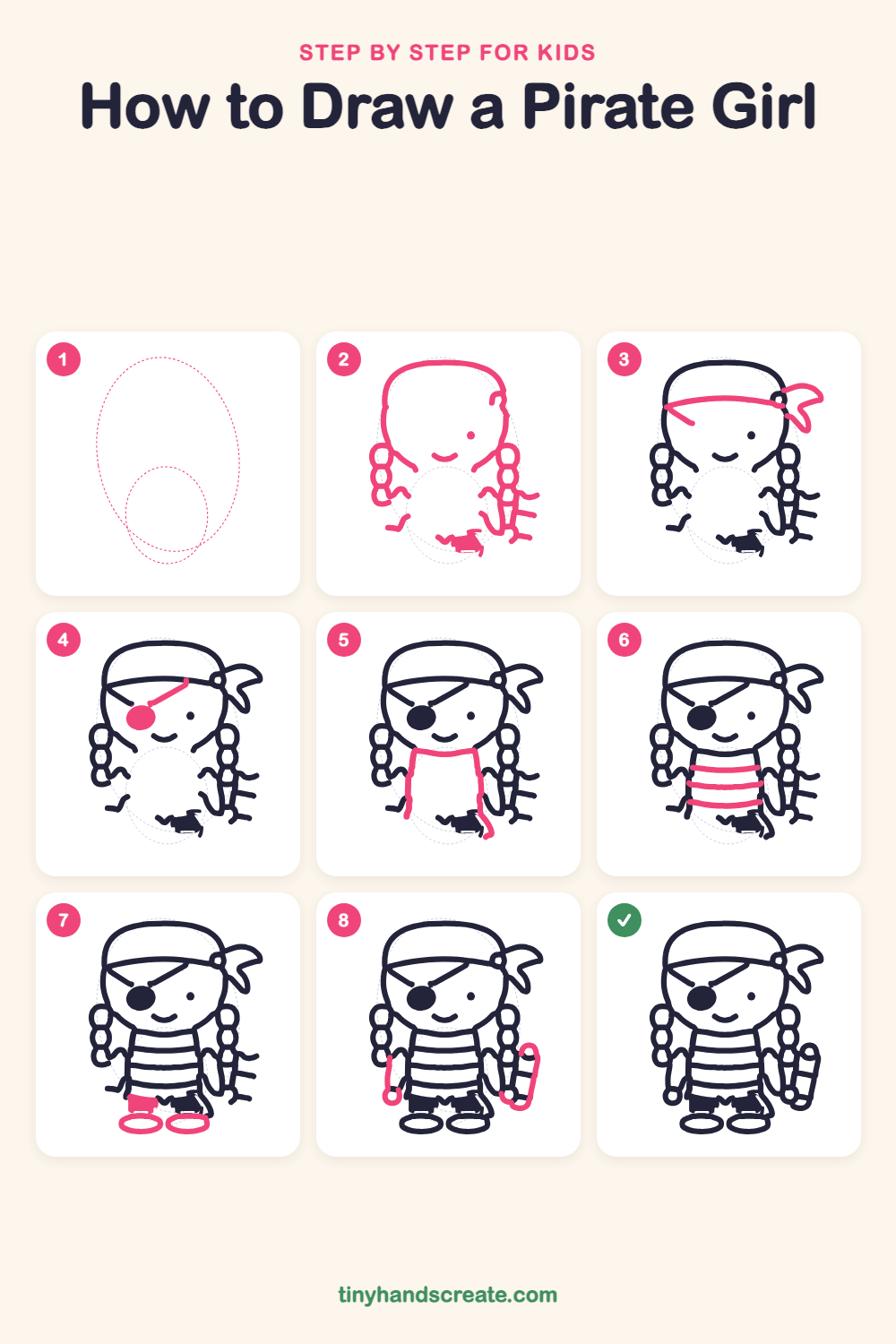 How to draw a pirate girl step by step for kids