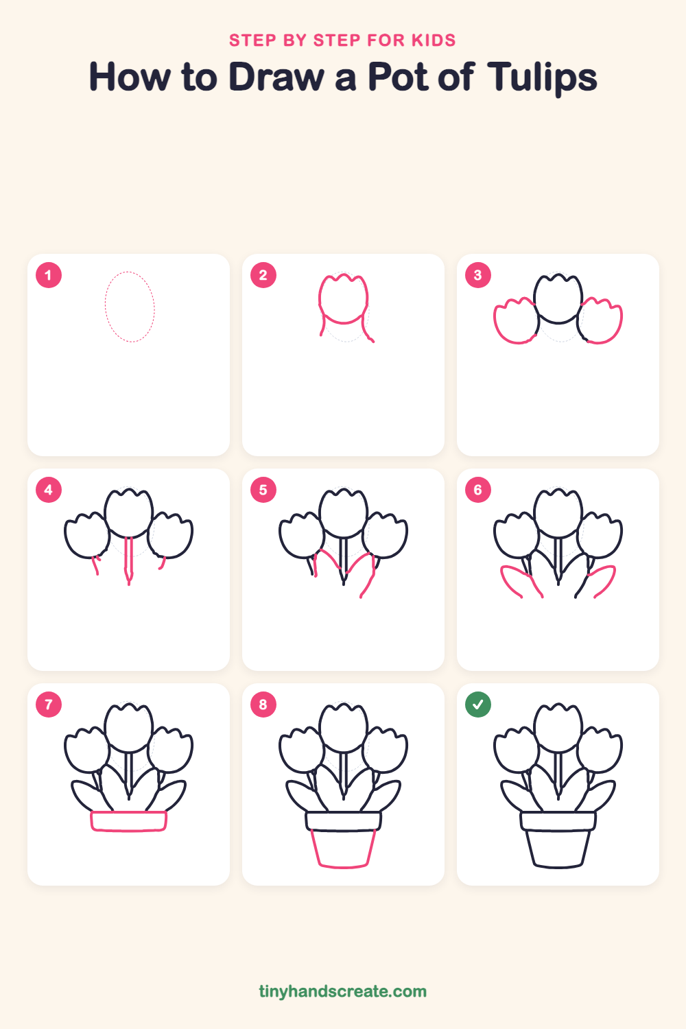 How to draw a pot of tulips step by step for kids