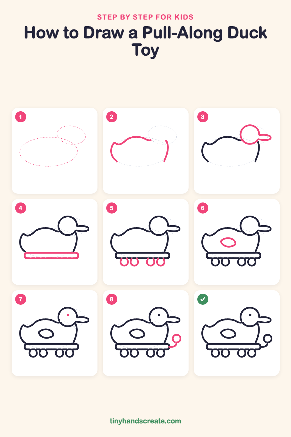 How to draw a pull-along duck toy step by step for kids