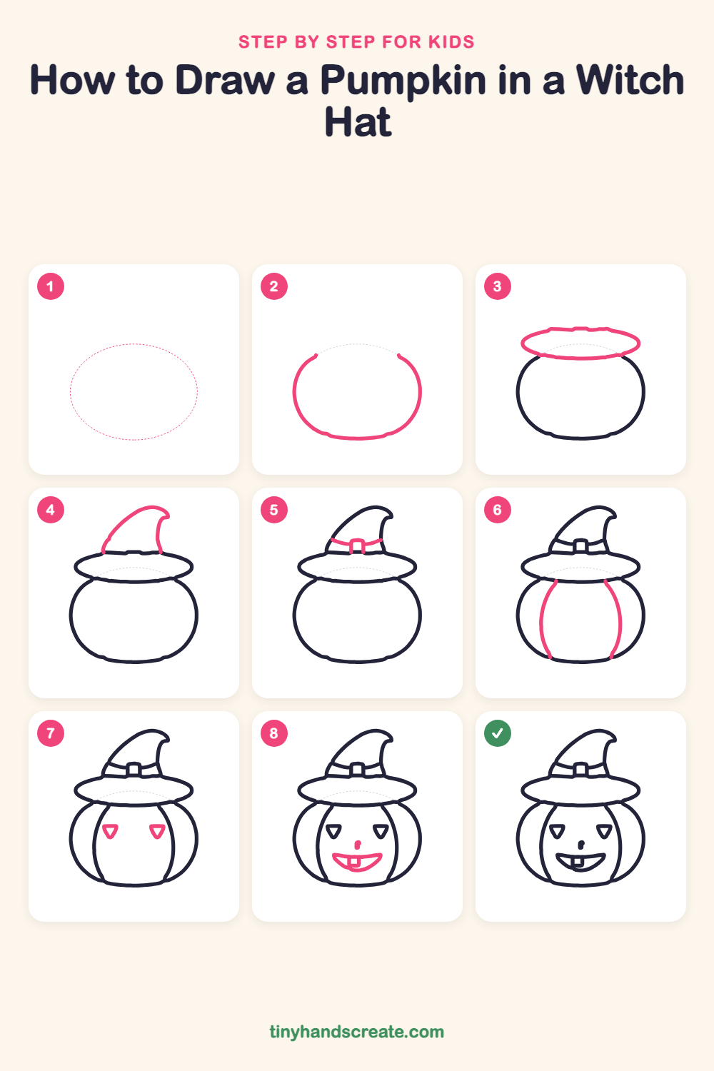 How to draw a pumpkin in a witch hat step by step for kids