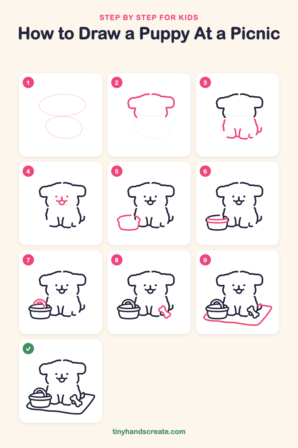How to draw a puppy at a picnic step by step for kids