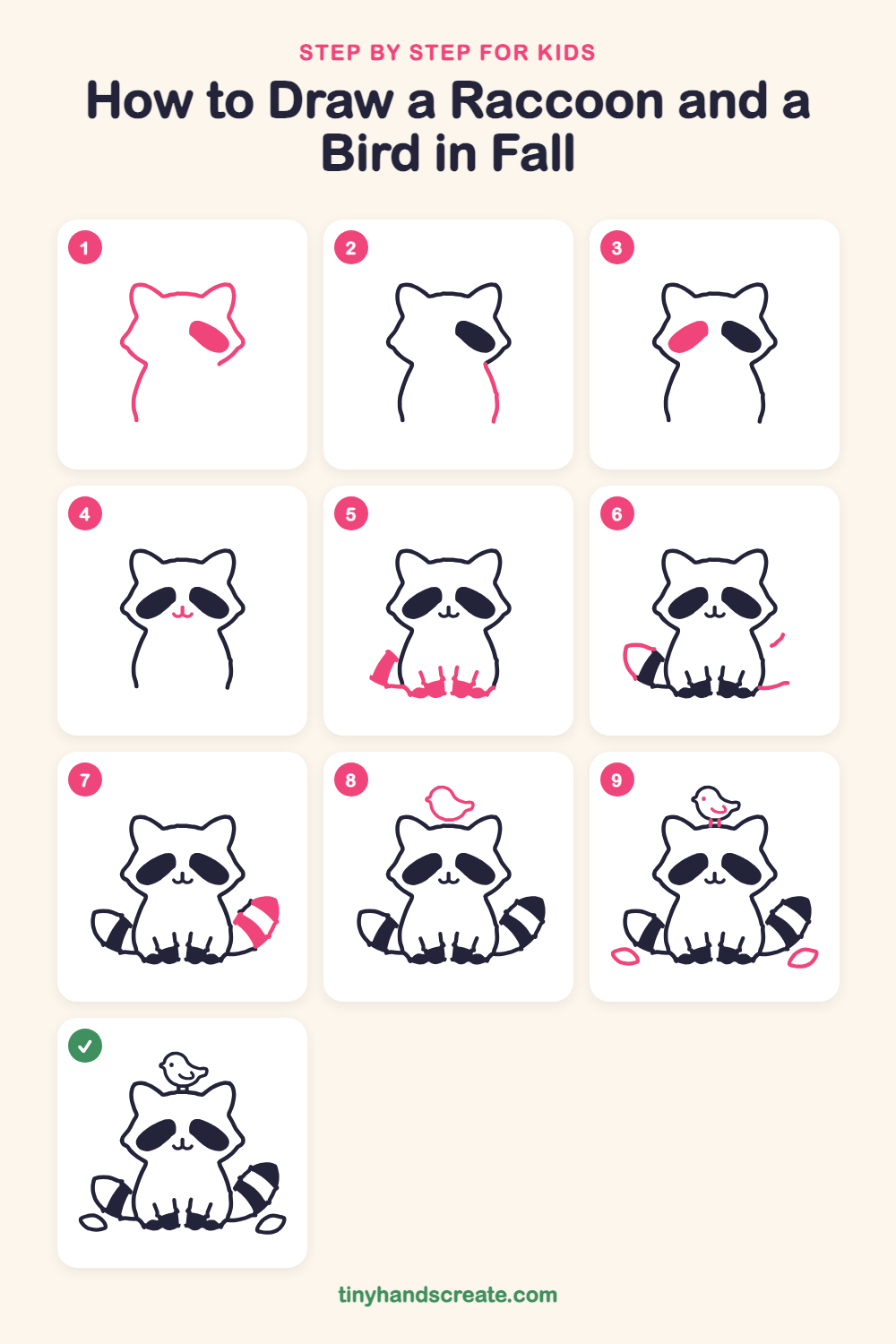How to draw a raccoon and a bird in fall step by step for kids