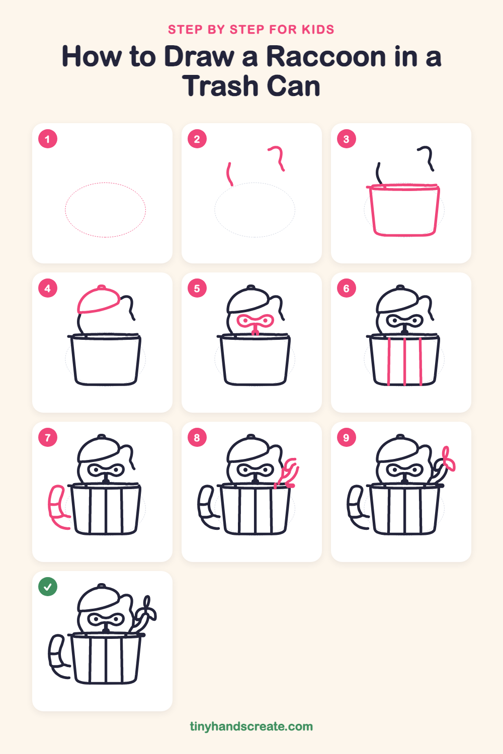 How to draw a raccoon in a trash can step by step for kids