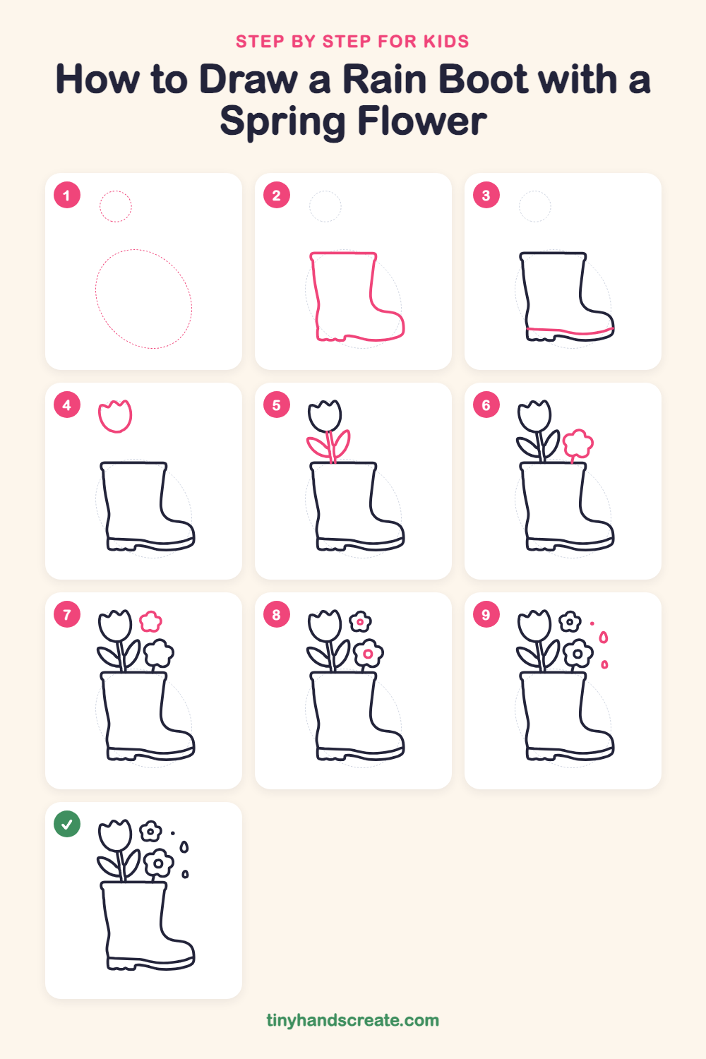 How to draw a rain boot with a spring flower step by step for kids