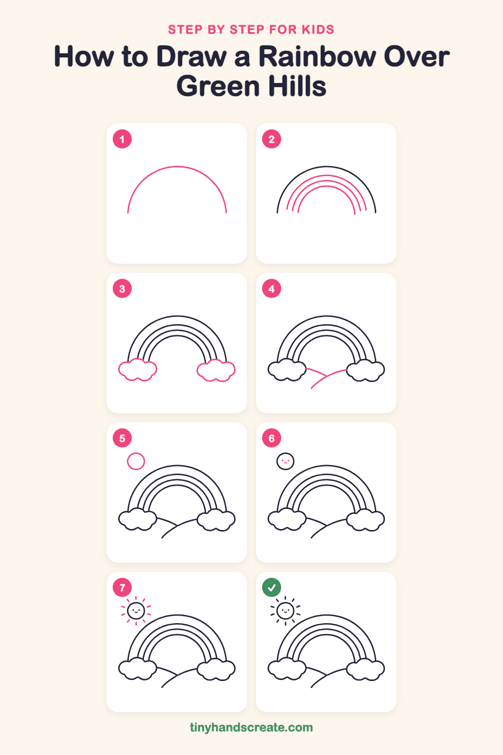 How to draw a rainbow over green hills step by step for kids
