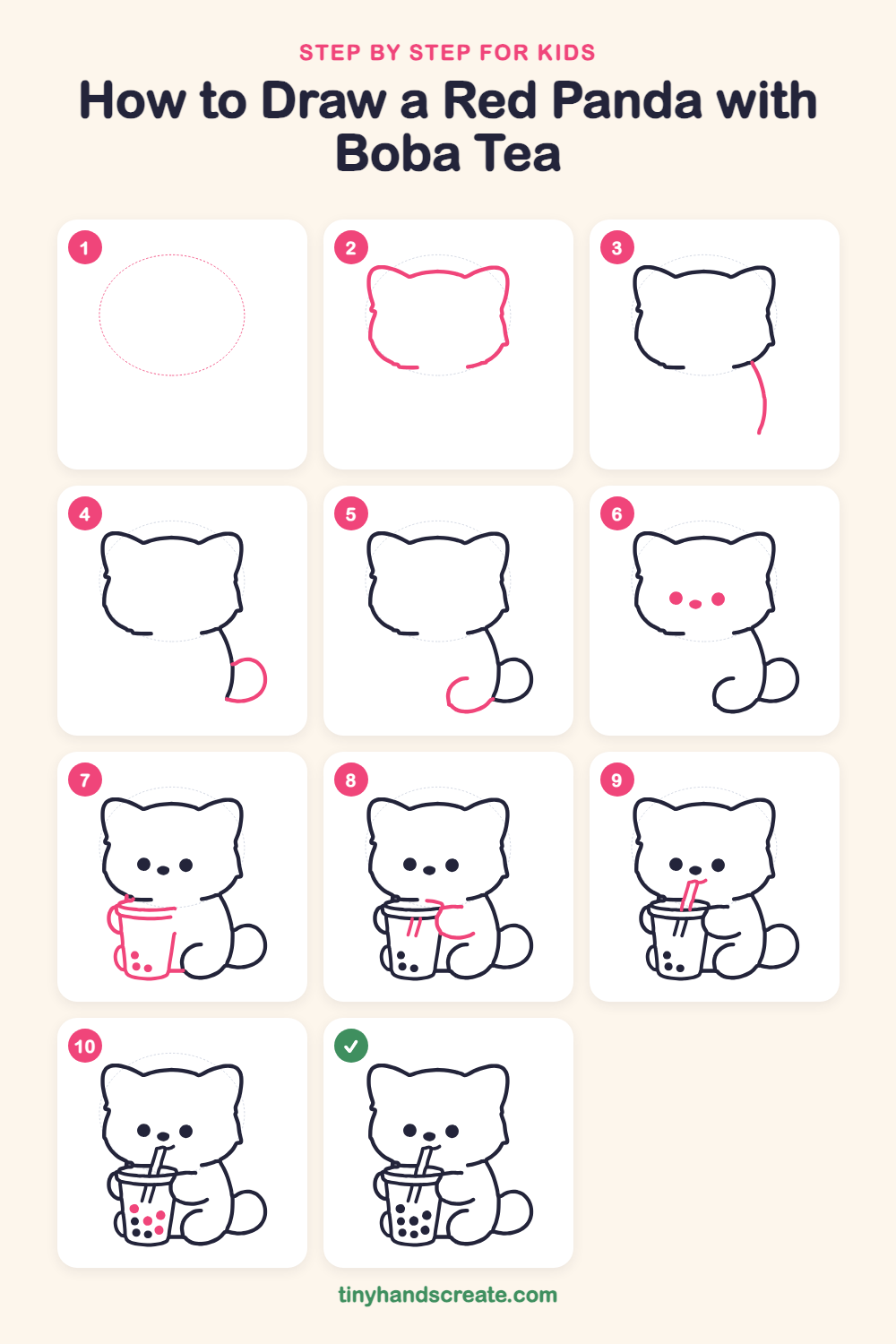 How to draw a red panda with boba tea step by step for kids