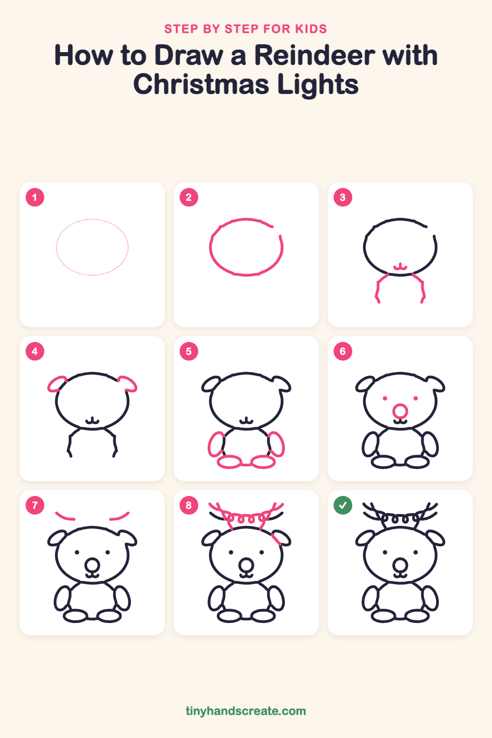 How to draw a reindeer with Christmas lights step by step for kids