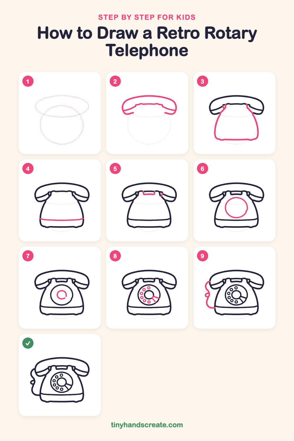 How to draw a retro rotary telephone step by step for kids