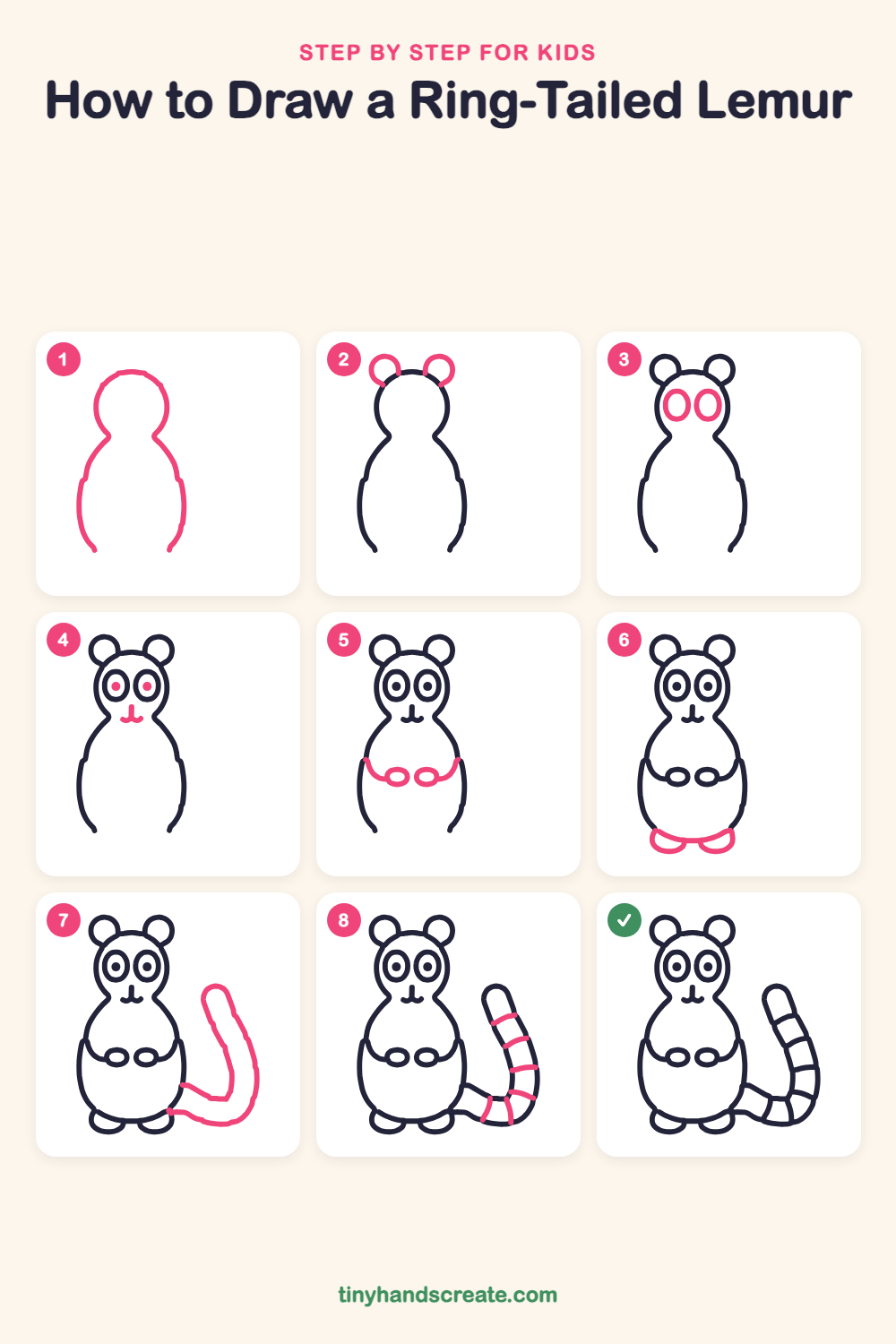 How to draw a ring-tailed lemur step by step for kids