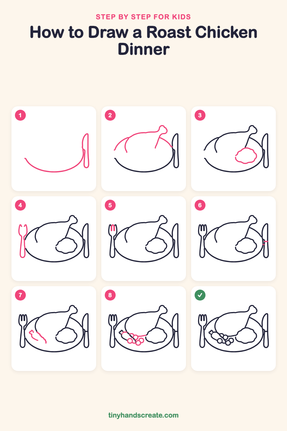 How to draw a roast chicken dinner step by step for kids