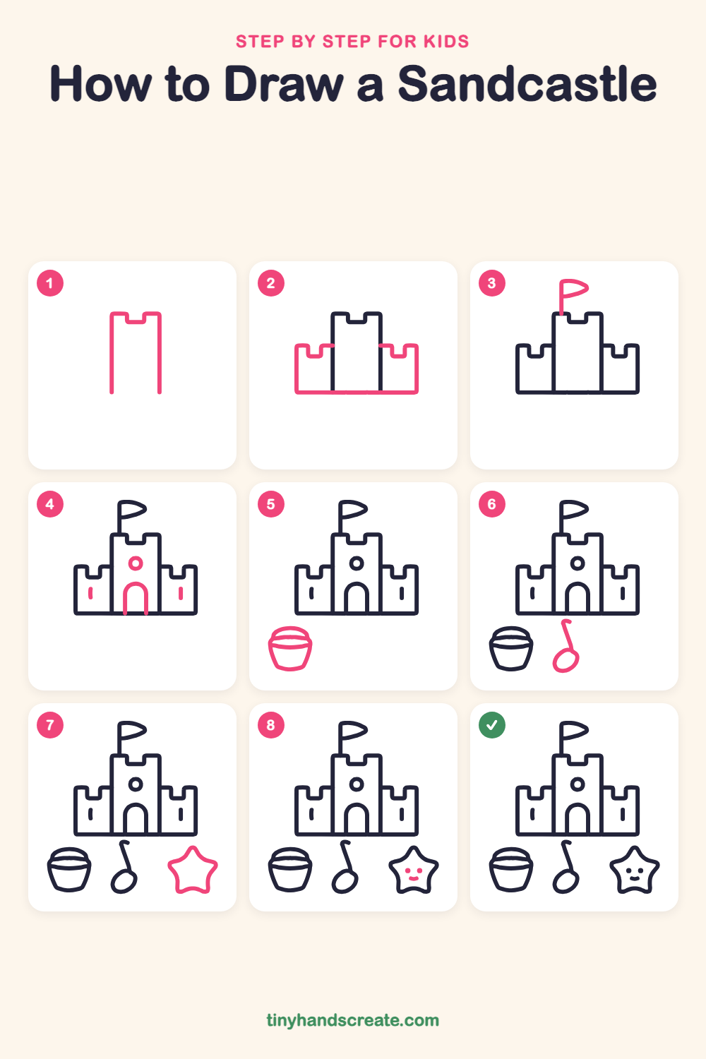 How to draw a sandcastle step by step for kids