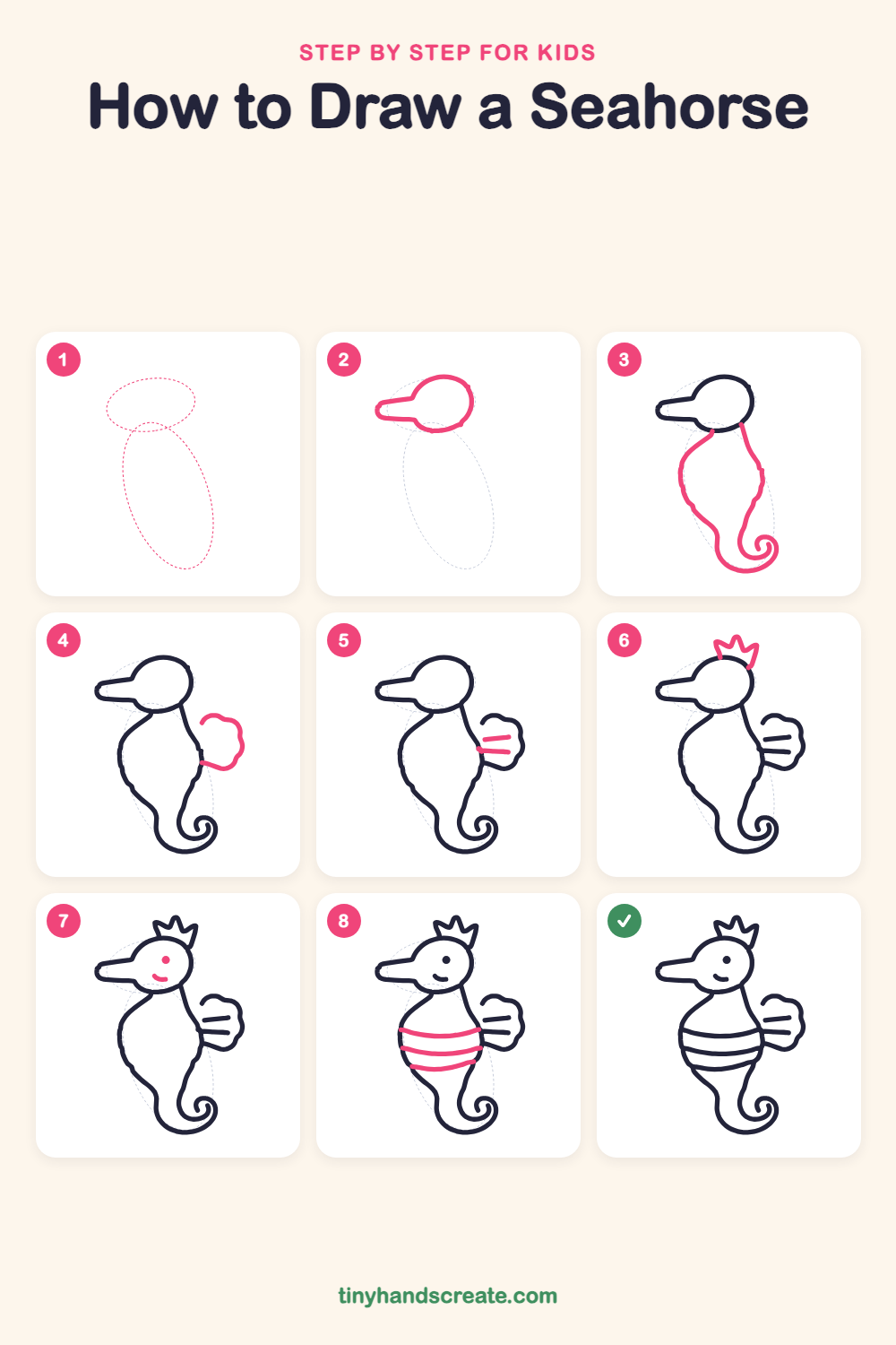 How to draw a seahorse step by step for kids