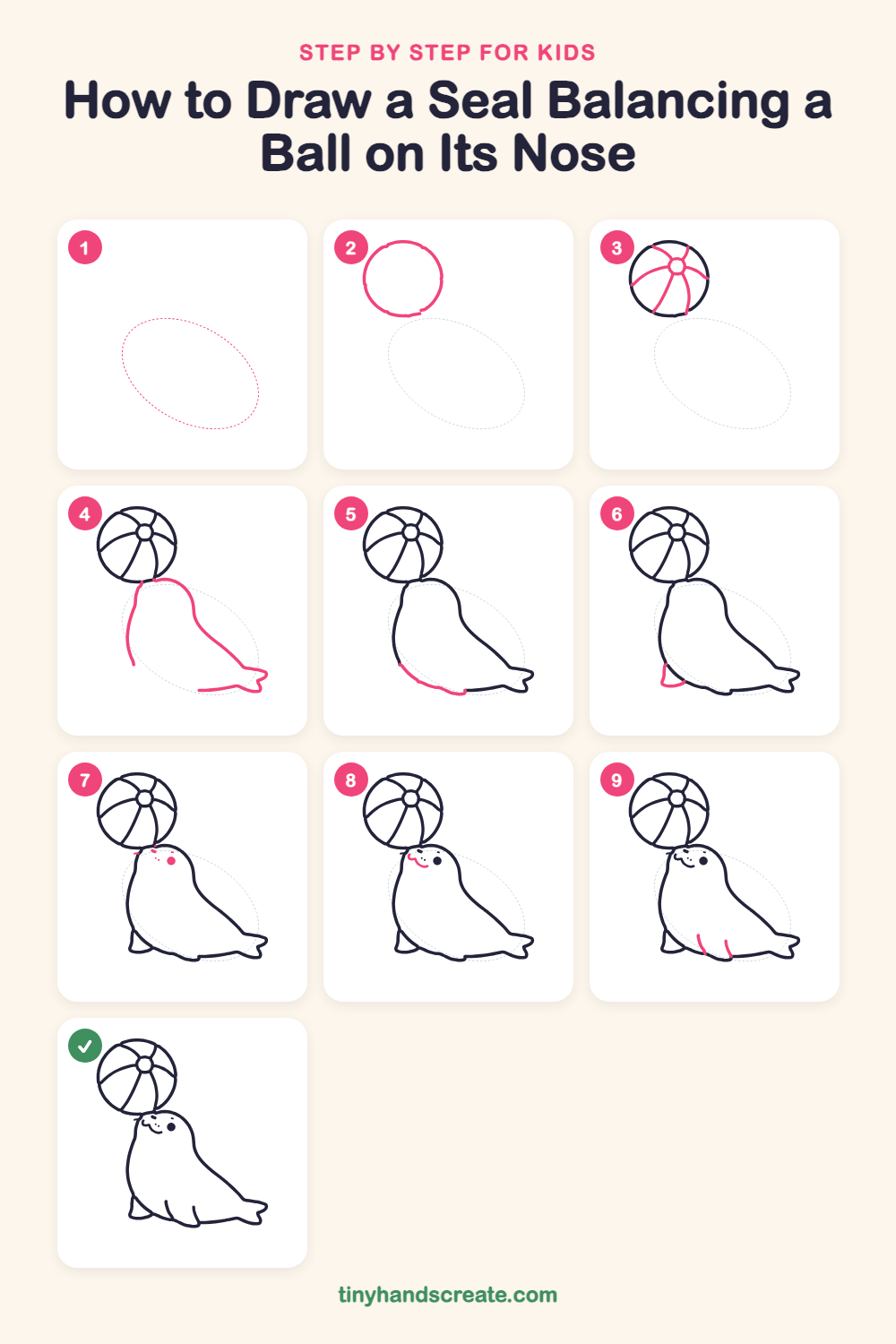 How to draw a seal balancing a ball on its nose step by step for kids