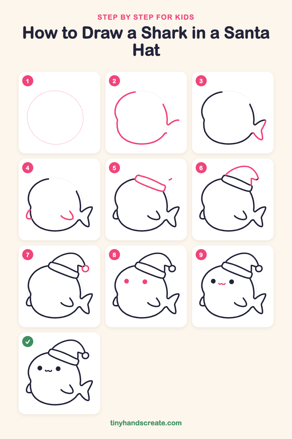 How to draw a shark in a Santa hat step by step for kids