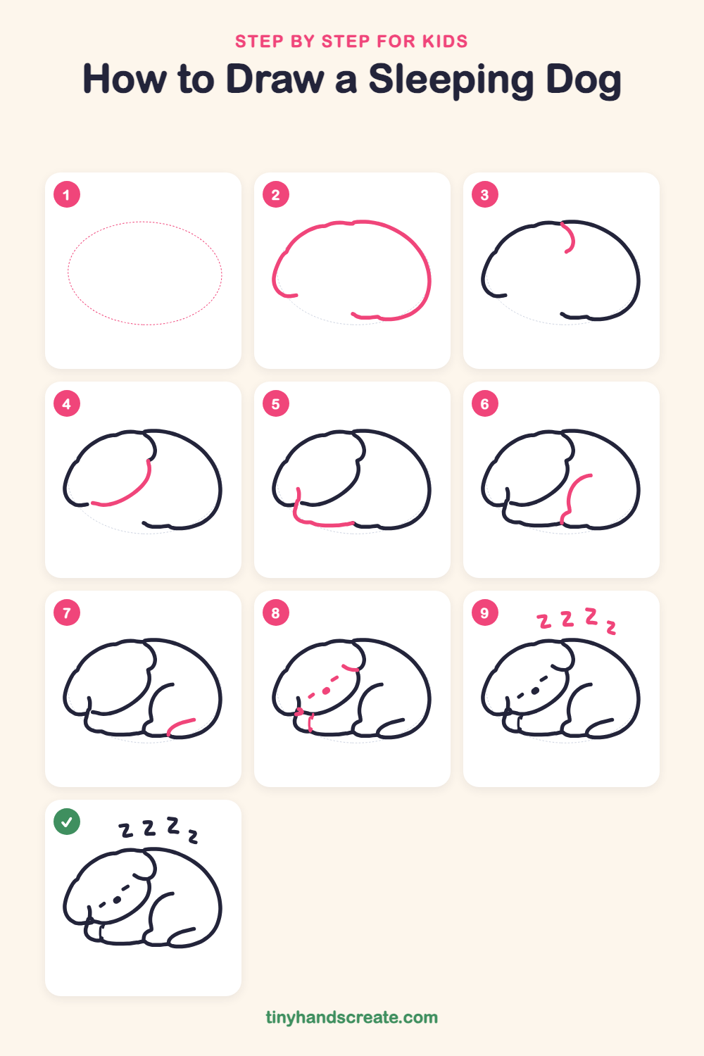 How to draw a sleeping dog step by step for kids