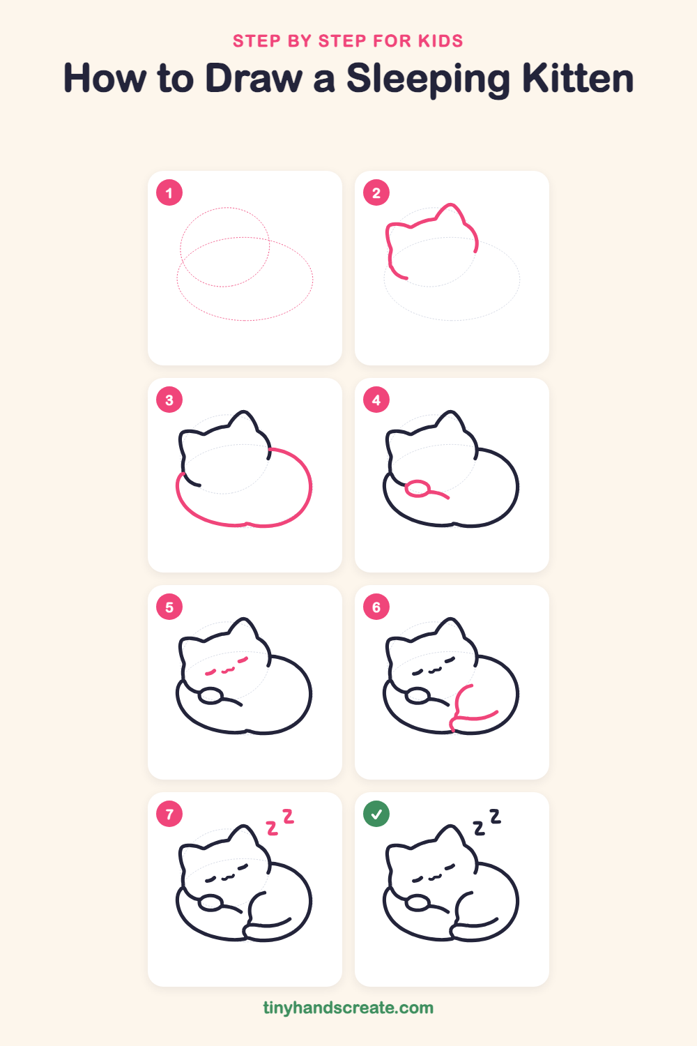 How to draw a sleeping kitten step by step for kids