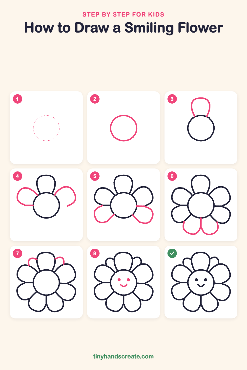 How to draw a smiling flower step by step for kids