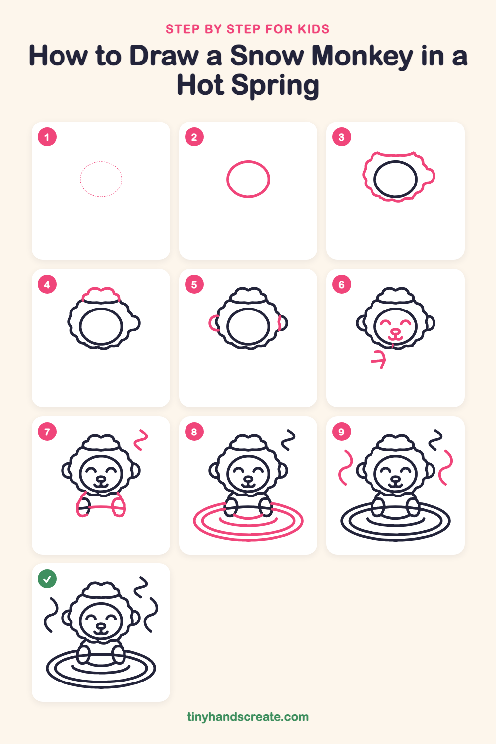 How to draw a snow monkey in a hot spring step by step for kids