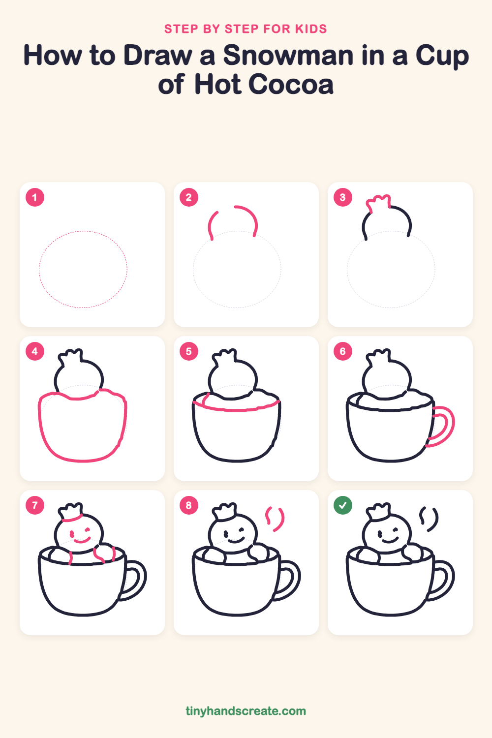 How to draw a snowman in a cup of hot cocoa step by step for kids