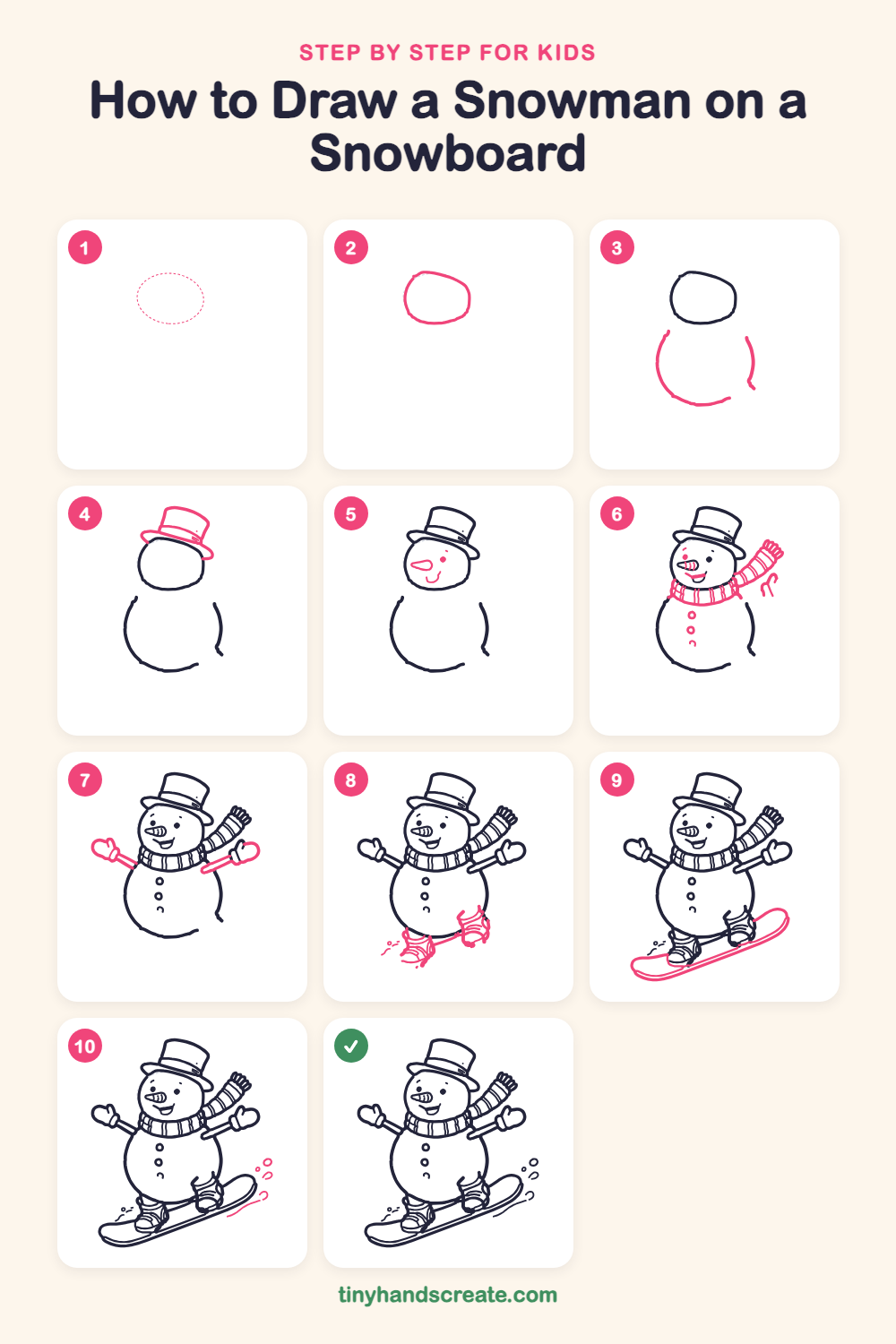 How to draw a snowman on a snowboard step by step for kids
