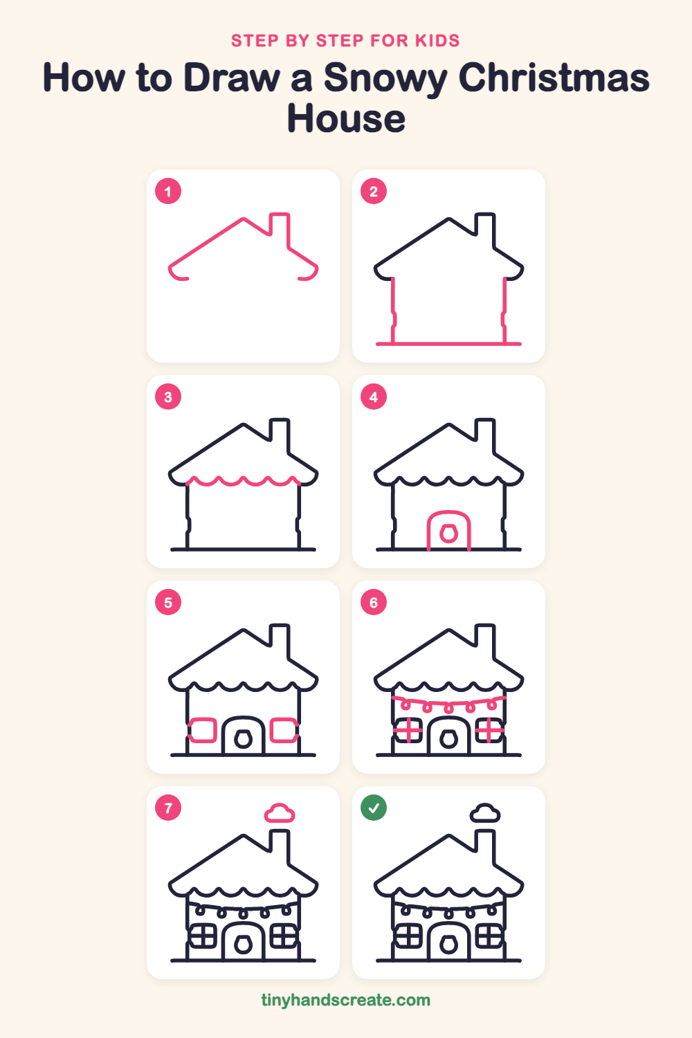 How to draw a snowy Christmas house step by step for kids