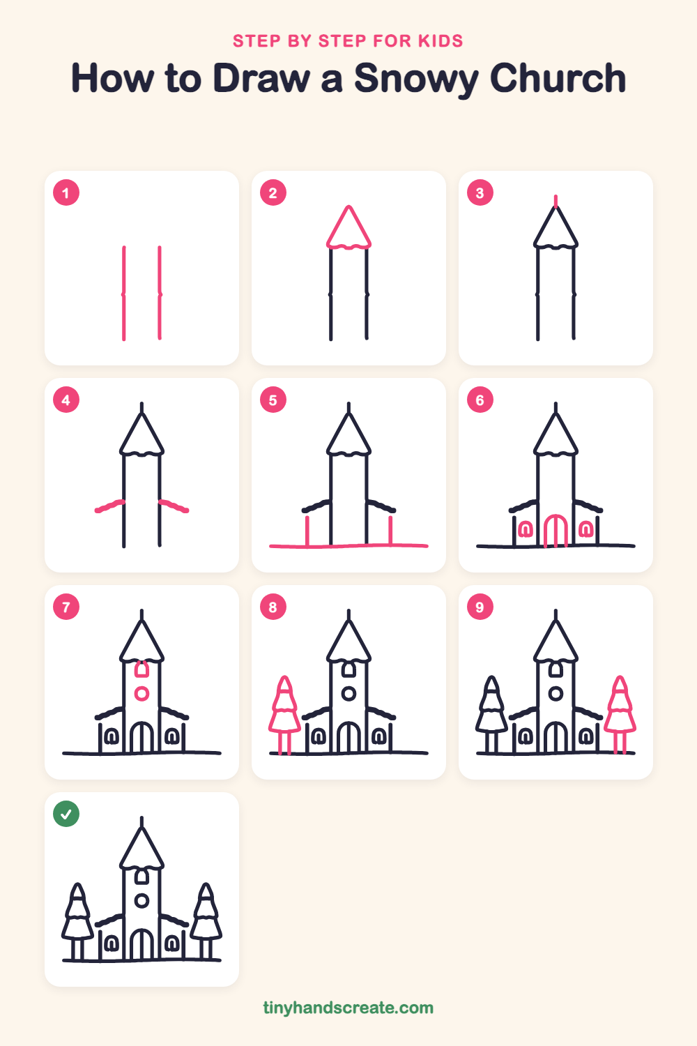 How to draw a snowy church step by step for kids