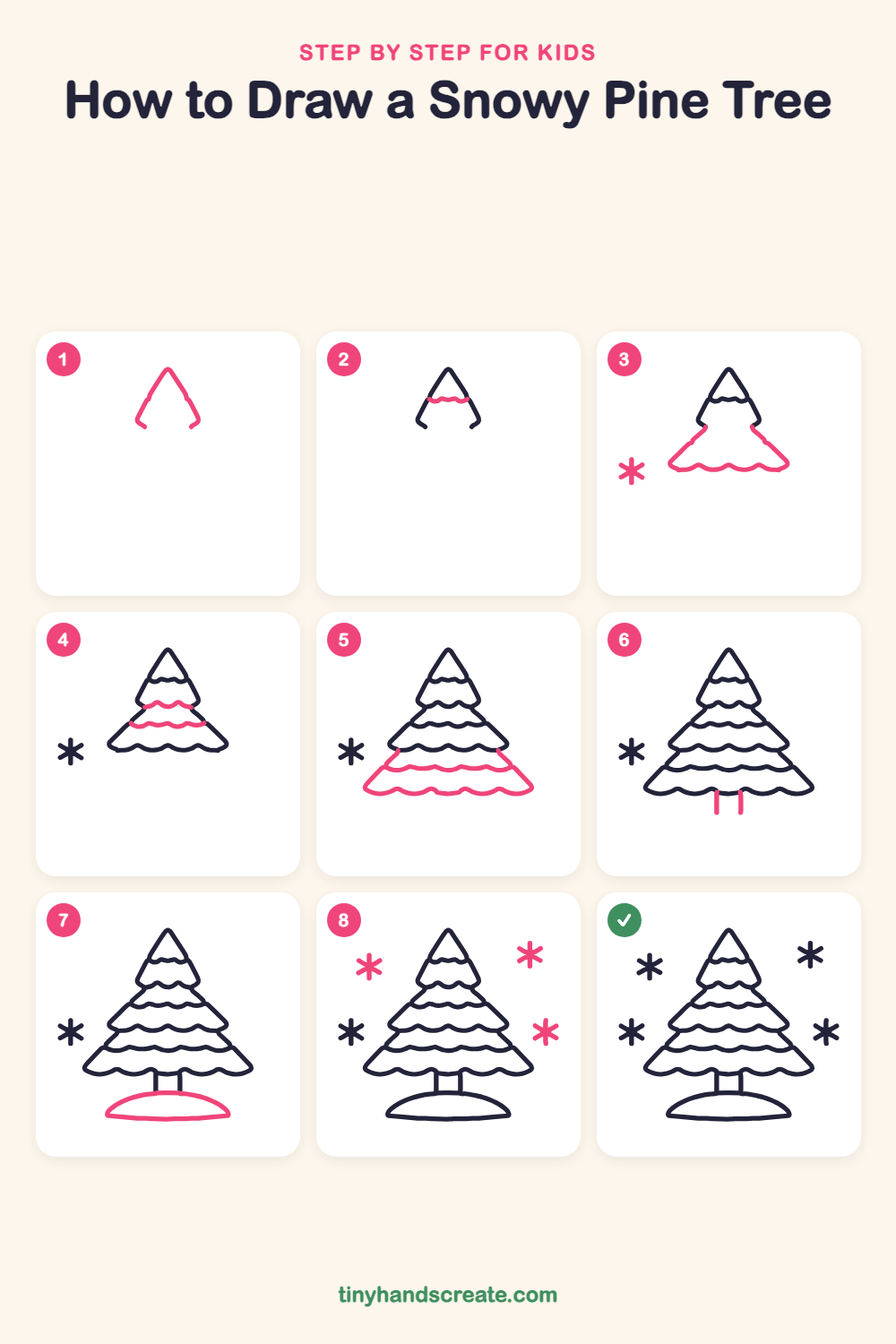 How to draw a snowy pine tree step by step for kids