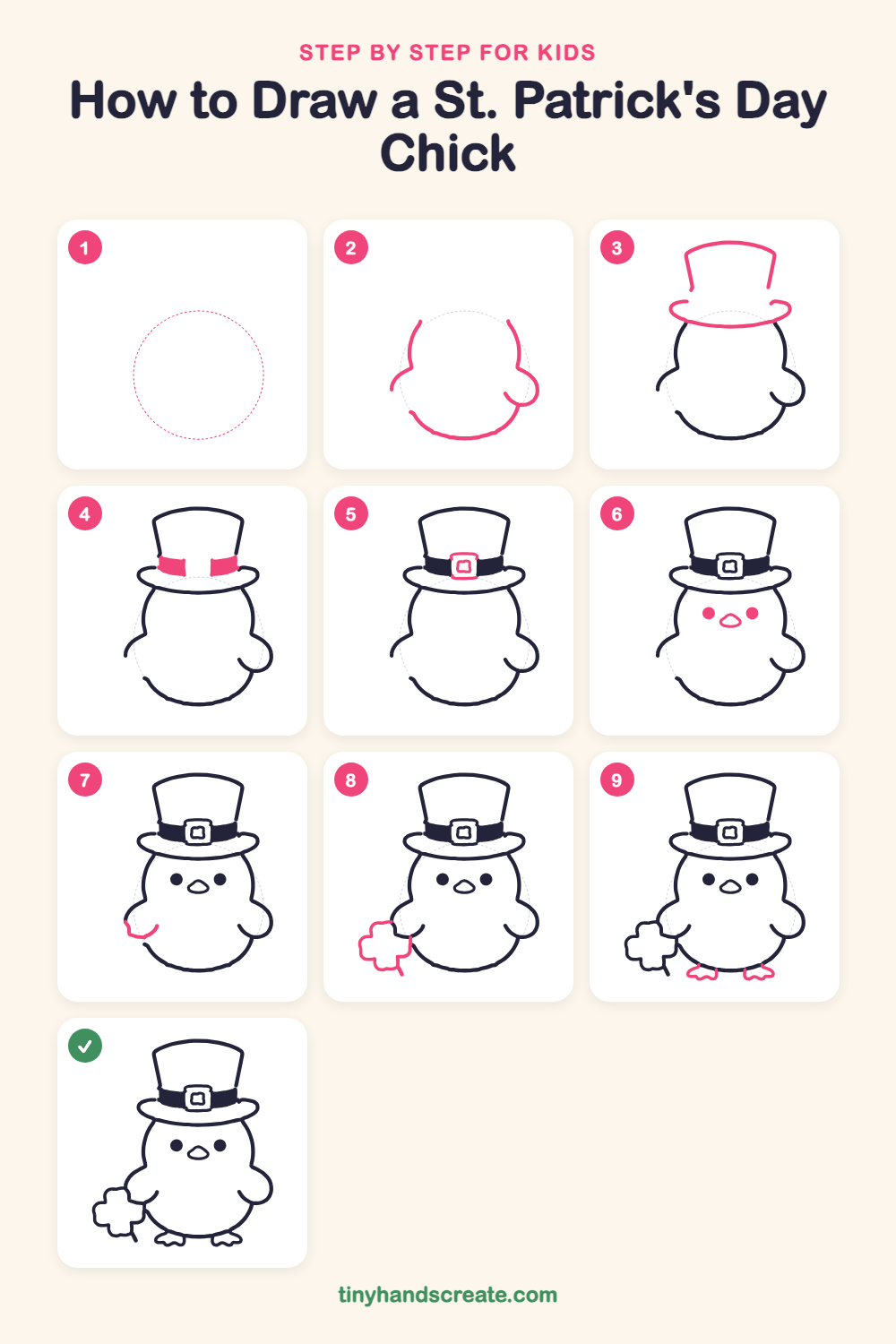 How to draw a St. Patrick's Day chick step by step for kids